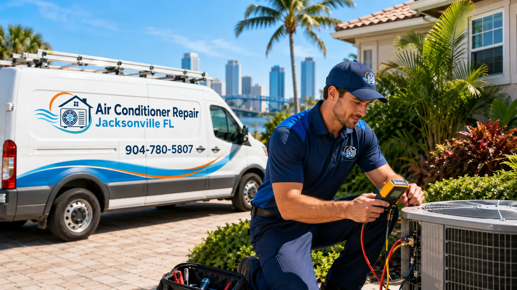 Jacksonville HVAC technician repairing a residential air conditioner beside a branded service van